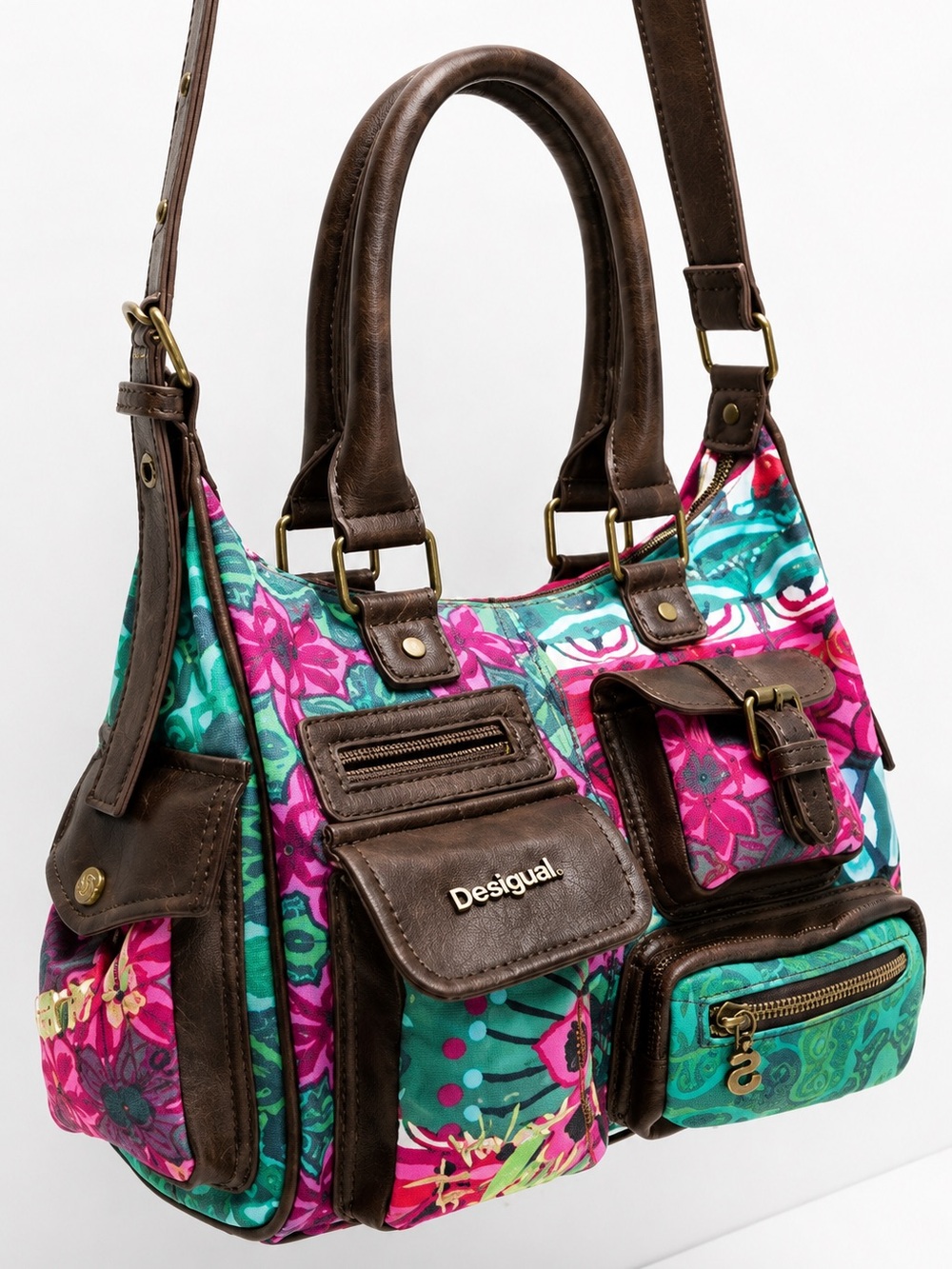 Vintage Desigual Floral Patchwork Shoulder Bag Multi Pocket Boho Satchel Purse